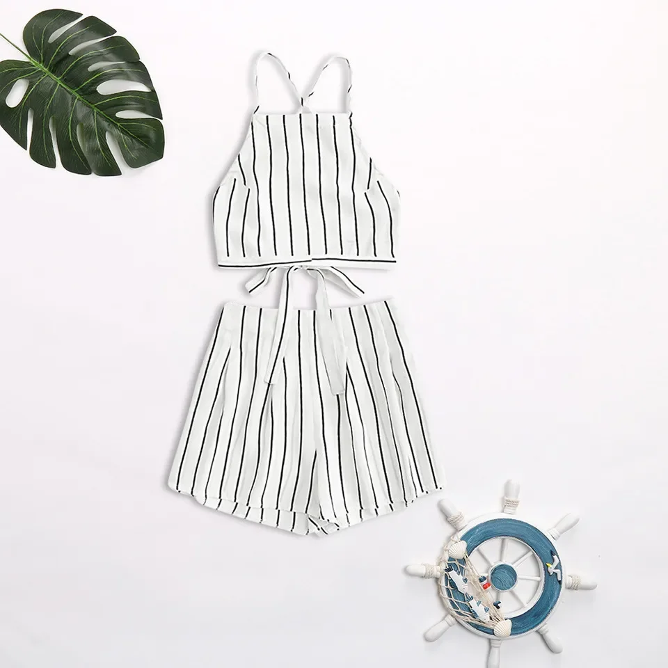 Short Sets Women 2 Piece Outfits Women'S Floral Applique Bandage Strap Crop Cami Top With Shorts Set Ensemble 2 PièCe Femme