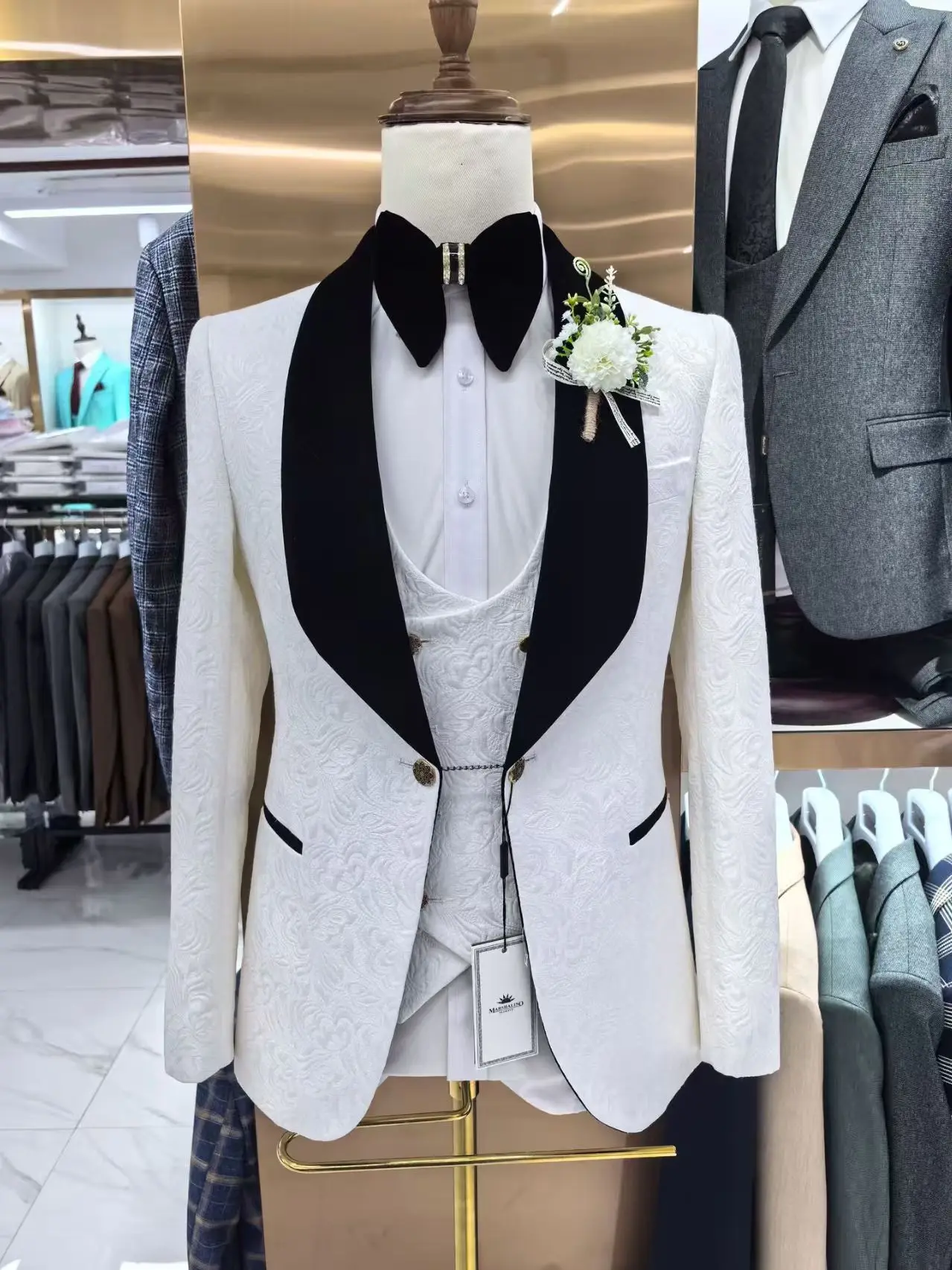 Thorndike Mens Wedding Suits White Jacquard with Black Satin Collar Tuxedo3 Pcs Groom Terno Suits for Men(Jacket+Vest+Pants)