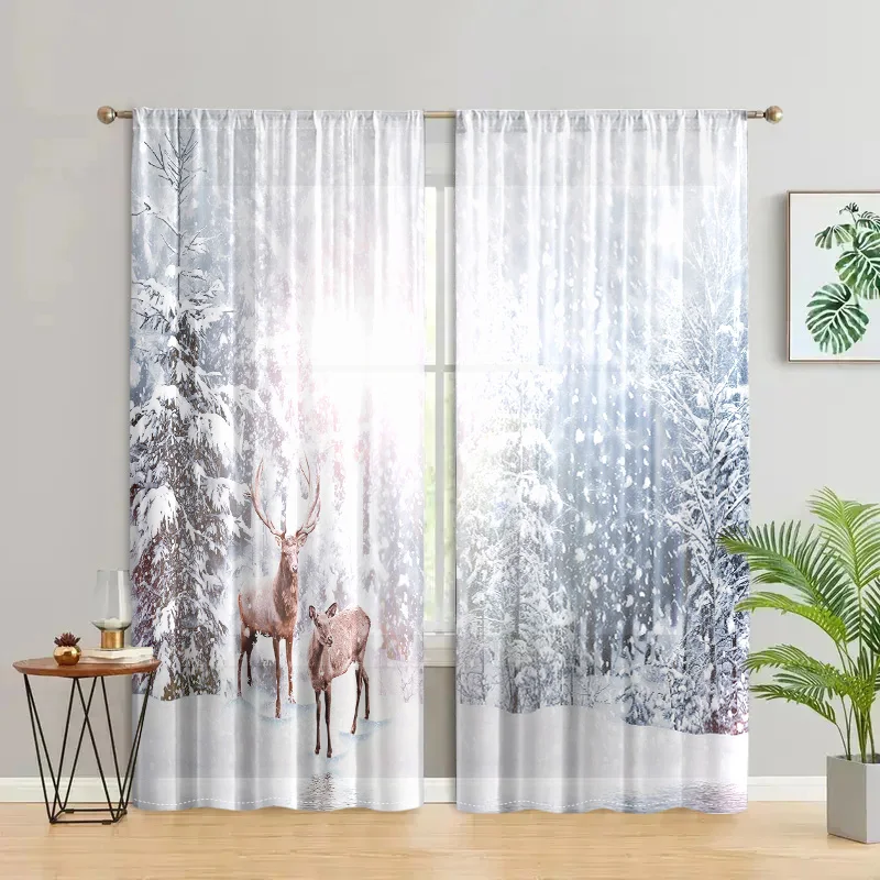 2 pieces, reindeer curtains in winter forest snow -30% blackout - suitable for living room, bedroom, kitchen, home decoration