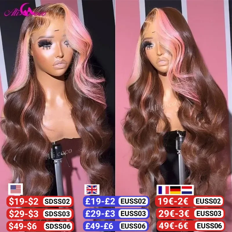 Upgrade Ali Coco HD Brown Pink 13x4 Body Lace Frontal Wig For Women 12A Pink Hightlight Lace Front Human Hair Wigs Preplucked