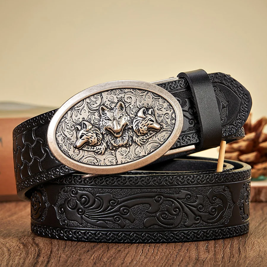 3.5CM Wolf Designer Belt for Men Retro Automatic Buckle Arts and Crafts Belt Male Genuine Cow Leather Waist Band Honorable Strap