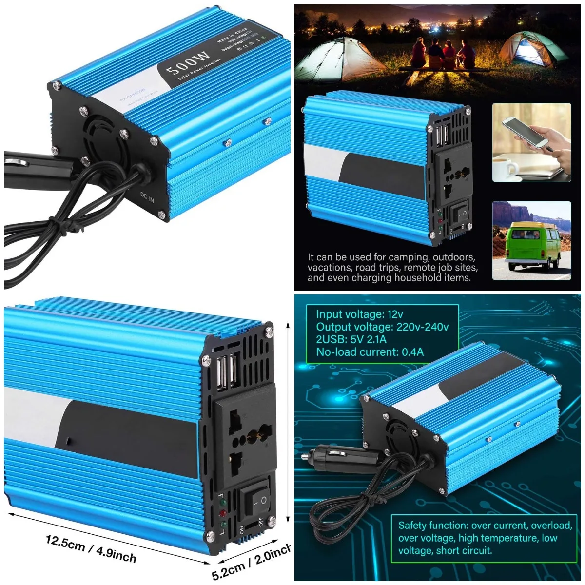 

500W DC 12V to AC 220V-240V Peak 600W Car Converter Dual USB Adapter