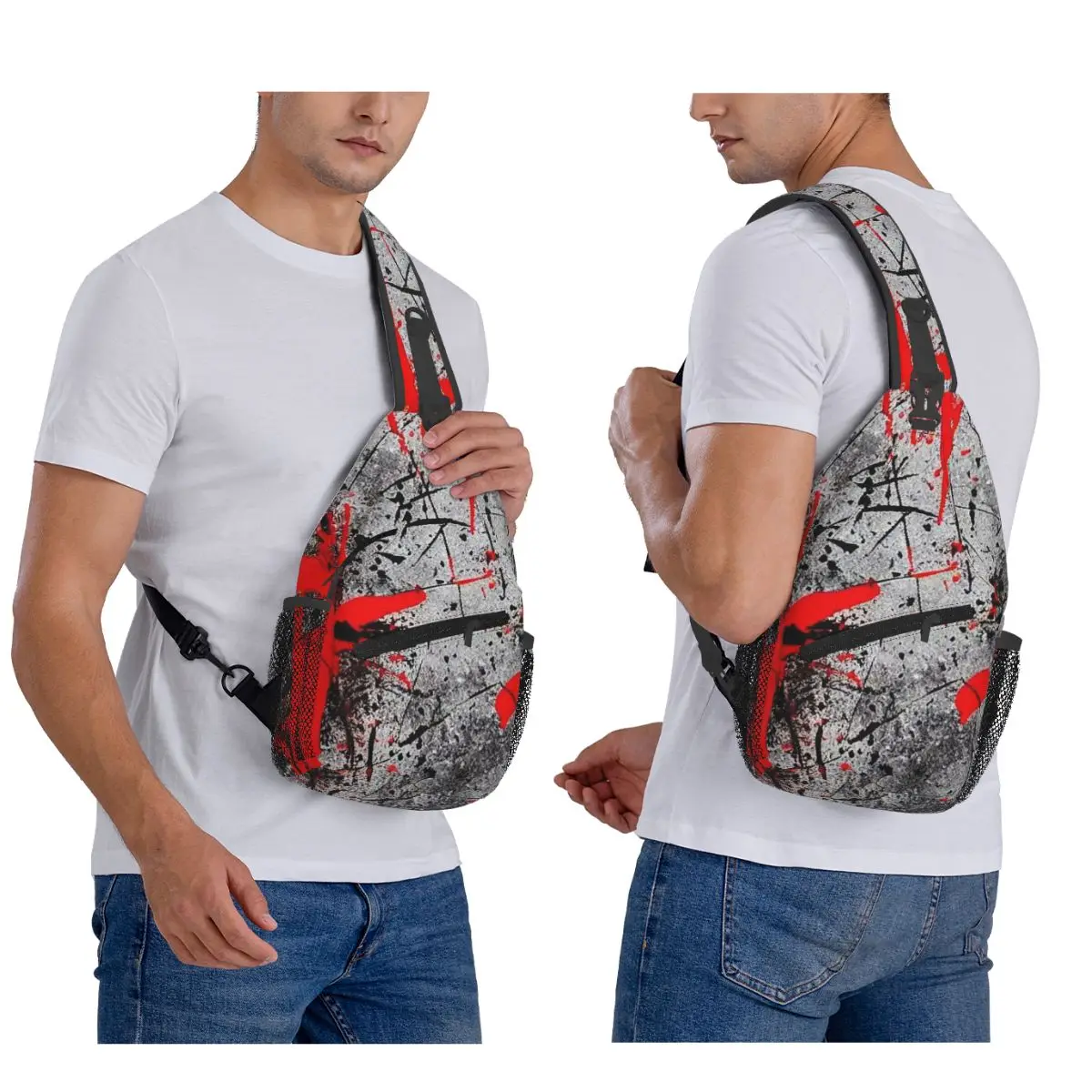 Cool Black And Red Graffiti Pattern Chest Bag Men Sling Crossbody Backpack Chest Bag Travel Hiking Daypack Shoulder Bag