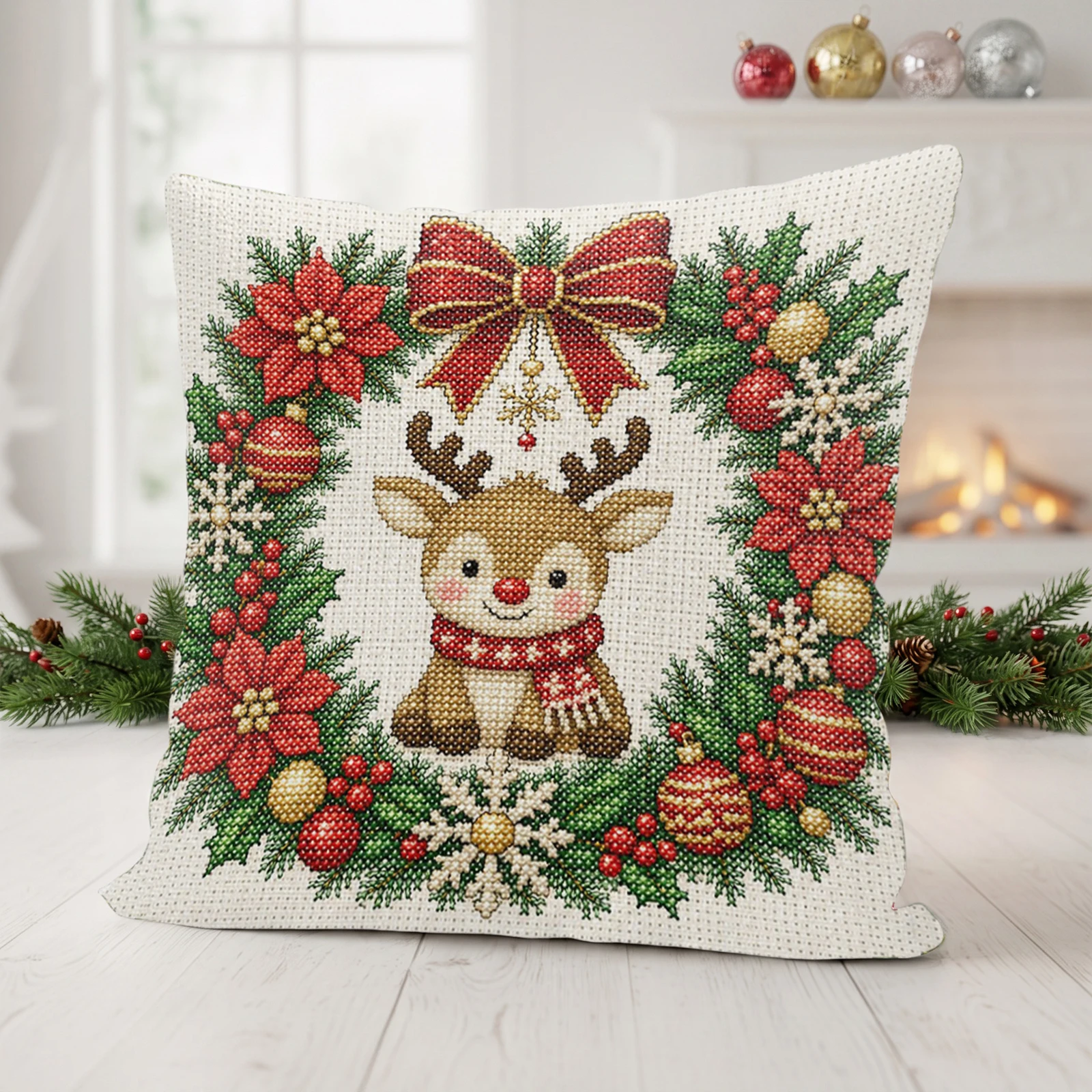 DIY Embroidery Kit 11CT  Stitch Cushion Cover 45x45cm Christmas Printed Canvas 3 Strands Cotton Thread
