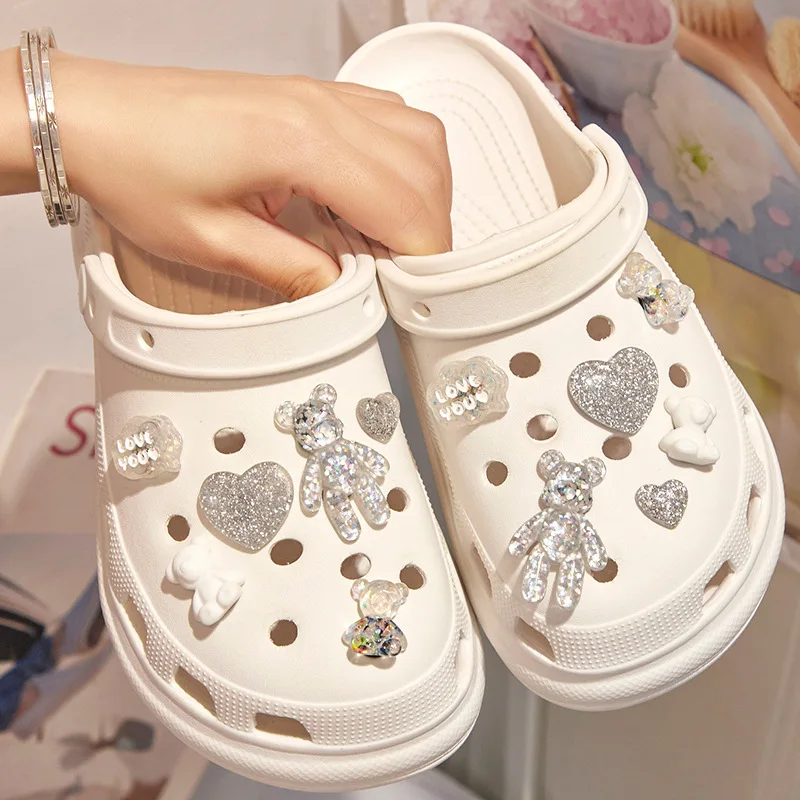 1Set Glitter Love Bear Novelty Cute Shoe Charms PVC Hole Shoe Decorations for Clogs Sneakers Slippers Accessories Kid Girl Gift