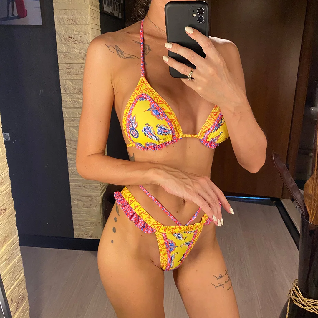5 Farben, sexy, bedruckter Bikini mit Rüschen, Damen-Badebekleidung, zweiteiliger Bikini, Badeanzug, Badebekleidung, Modell V4651. – Detail 5