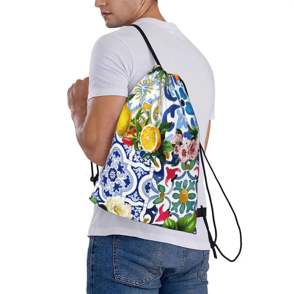 Sicilian Tiles,mediterranean,mosaic,lemons Backpacks Casual Drawstring Bags Sports Bag Book Bags for Man Woman Students
