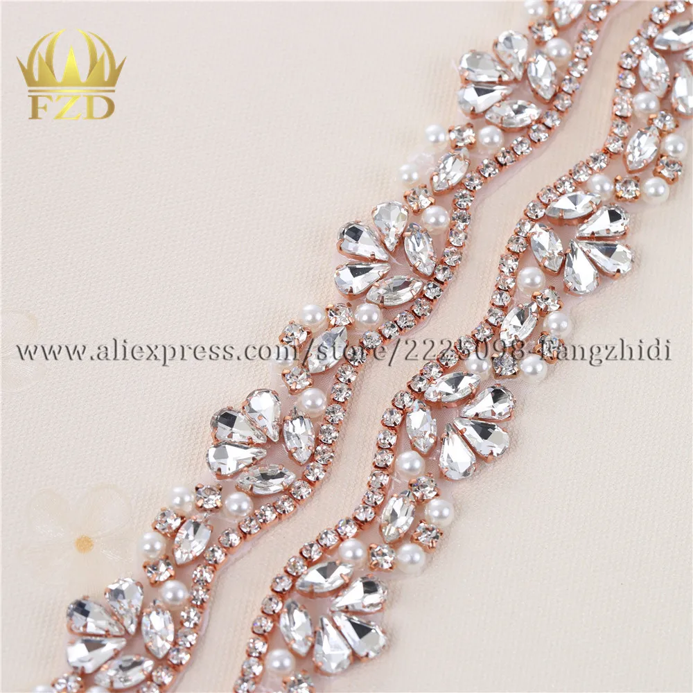 FANGZHIDI 1 Yard Rose Gold Sewing on  Rhinestone Trim Crystal Beaded Applique for Wedding Dresses Belts FA-1071