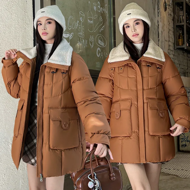 Women Parkas Turn Down Collar Full Sleeve Thick Coats Solid Zipper Spliced Jackets Pocket Casual Elegant Loose Autumn Winter