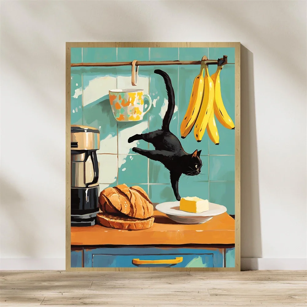 1pc frameless Canvas Painting Whimsical Black Cat Kitchen Print Poster Vintage Farmhouse Art Poster Home Dining Room Wall Decora