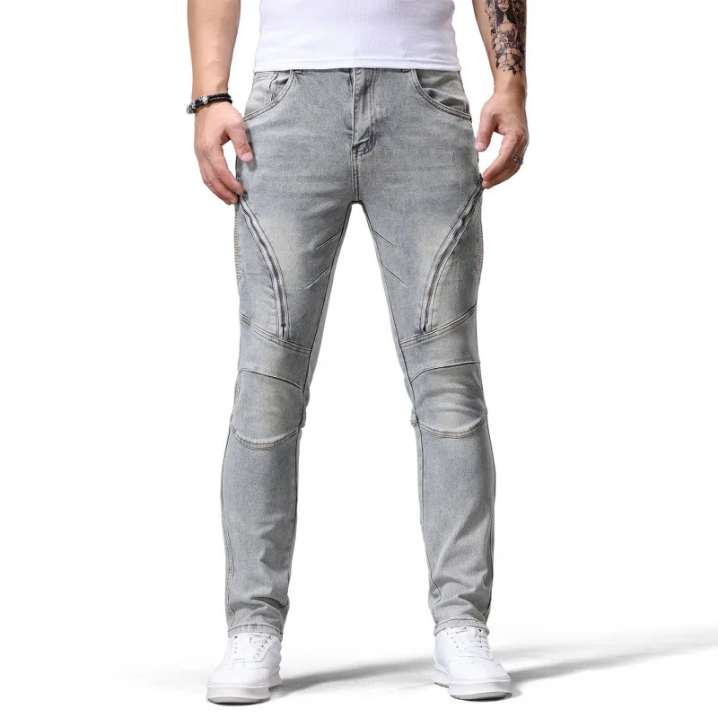 メンズジッパー付きスプライシングデザインのトレンディなレトロ風ストレッチジーンズ、ストリートスタイルの個性的なストレッチバイクパンツ