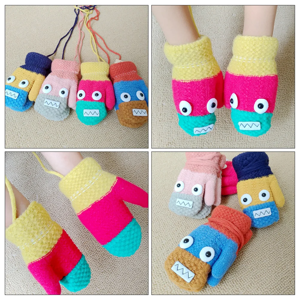 

4pcs Cartoon Winter Warm Gloves Neck Hung Unisex Kids Full Finger Mittens Design Knitting Gloves For Outdoor Indoor Daily Use