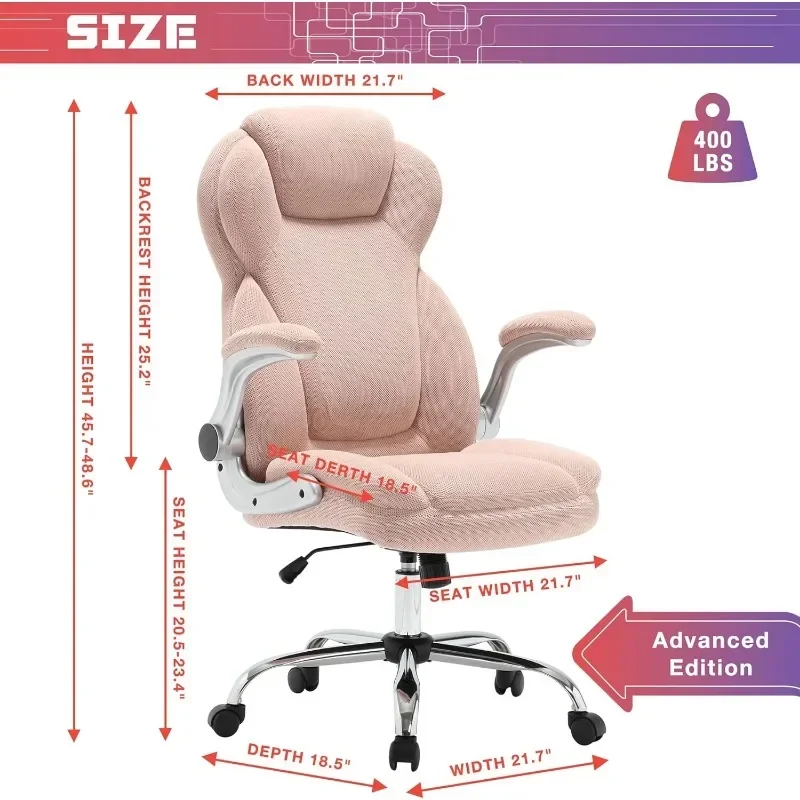 Big and Tall Fabric Pink Office Chair Duty Executive Desk Chair with Extra Wide Seat, High Back Ergonomic Leather Computer