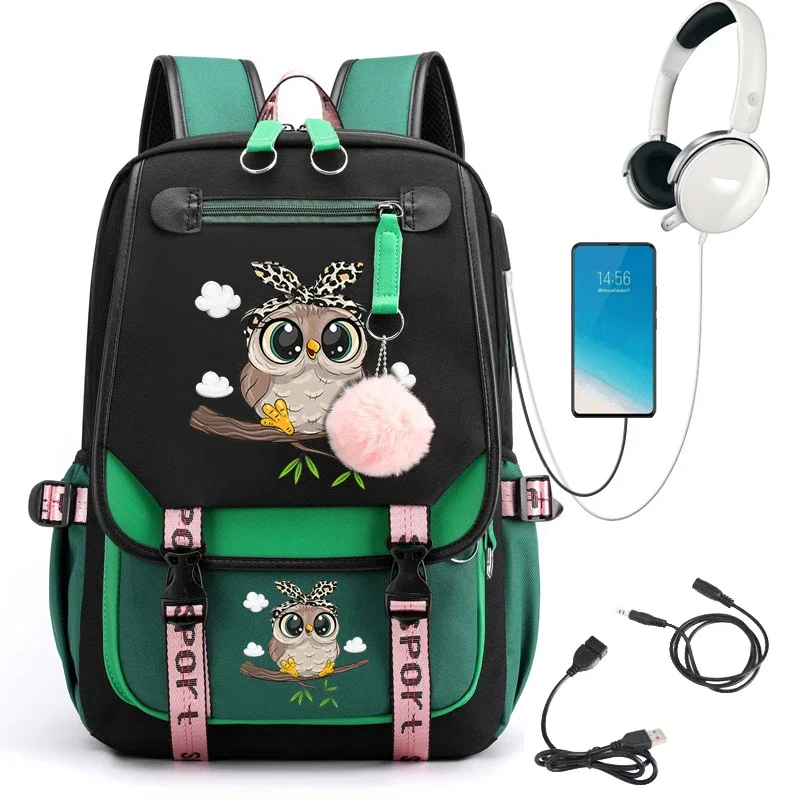 Kawaii Uil Print Vrouwen Rugzakken Waterdichte Nylon Schooltassen Voor Tiener Meisjes Boekentas Dame Reizen Backbag Usb Schoudertas