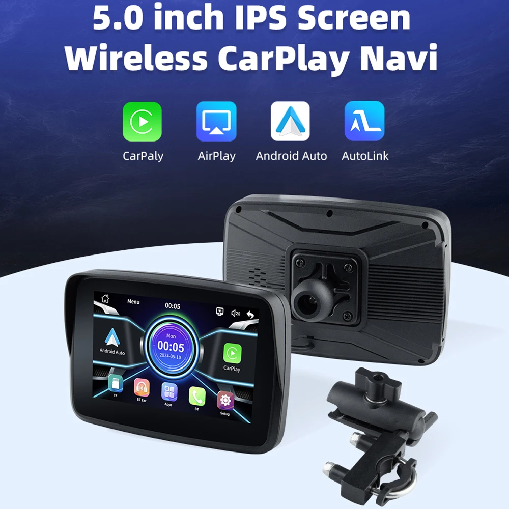 EKIY-tablero Digital portátil de 5 pulgadas para motocicleta, pantalla de visualización de navegación GPS, Monitor inalámbrico CarPlay Moto Android Auto