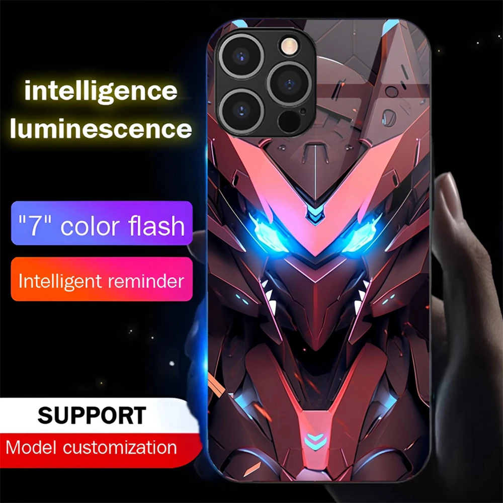 

Armor Mecha Design Luminous Tempered Glass Phone Case LED Backlight Cover For iPhone 16 E 15 14 13 12 11 Pro Max XR XS Plus SE