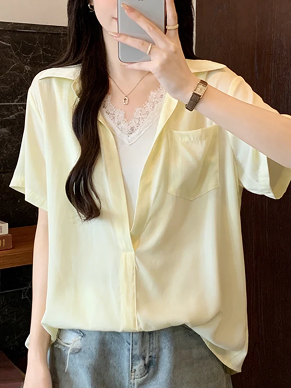 

plus Size Summer Shirt Women's Design Sense Lace Trim Short Sleeve V-Neck Top Korean Style Breathable Skin-Friendly Daily Wear