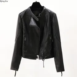 2023 Women Spring and Autumn New Motorcycle Wear PU Leather Jacket Simple Slim Standing Collar Leather Jacket X8