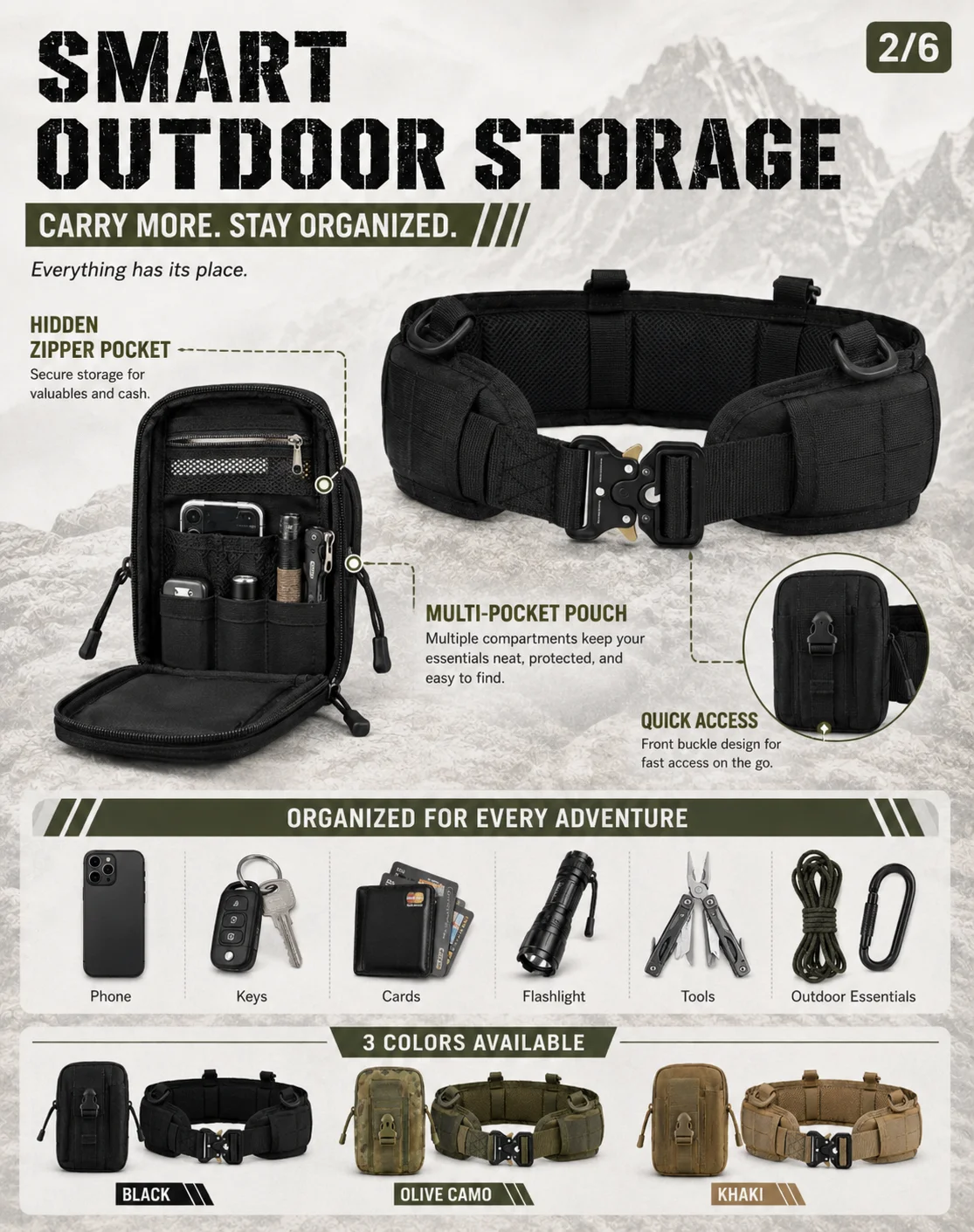 Taktischer Hüftgürtel mit abnehmbarer Tasche, Schnellverschluss-Schnalle, Outdoor-Nutzgeräte für Wandern, Camping, Angeln, militärisches Training – Detail 2
