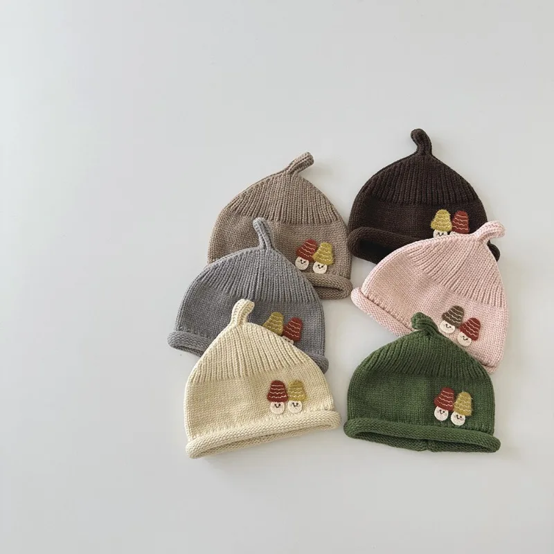 

New Autumn-Winter Baby Mushroom Pacifier Hat,Soft Knitted Warm Windproof Cute Styling Infant Wool Cap,Ear Protection Must-Have