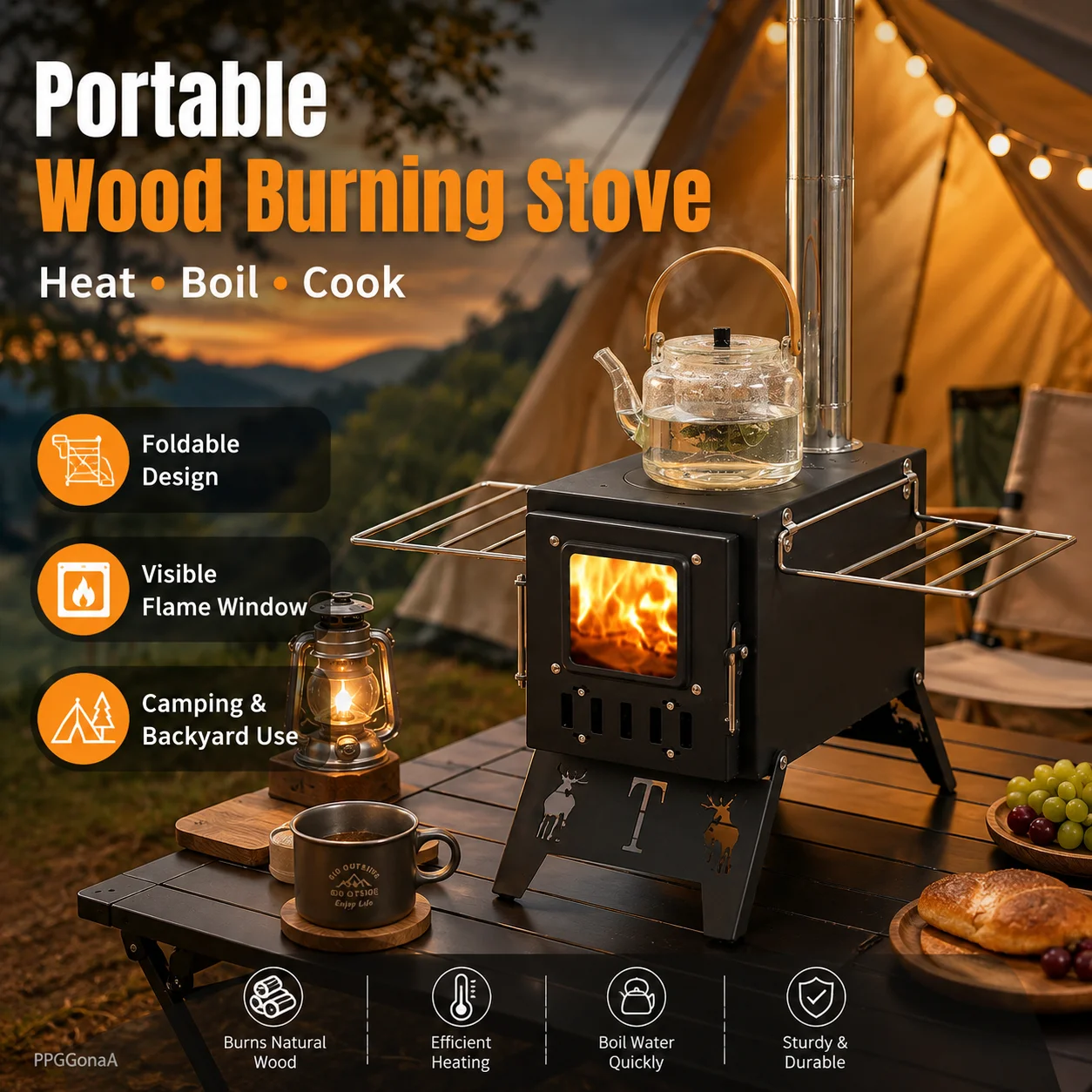Portable Wood Burning Camping Stove with Chimney, Foldable Side Racks, Viewing Window for Tent Heating & Outdoor Cooking