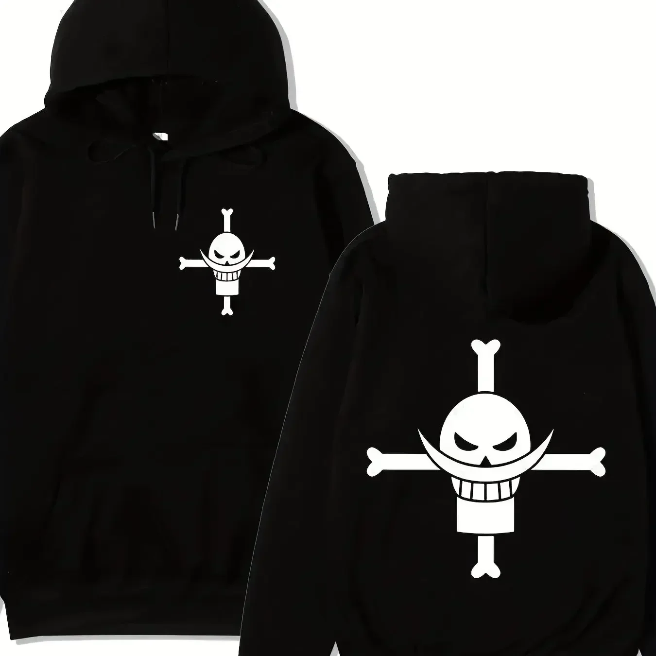 One Piece Hoodie, Unisex Drawstring Hooded Sweatshirt Whitebeard Pirate Skull Front Back Anime Print Casual Long Sleeve Pullover