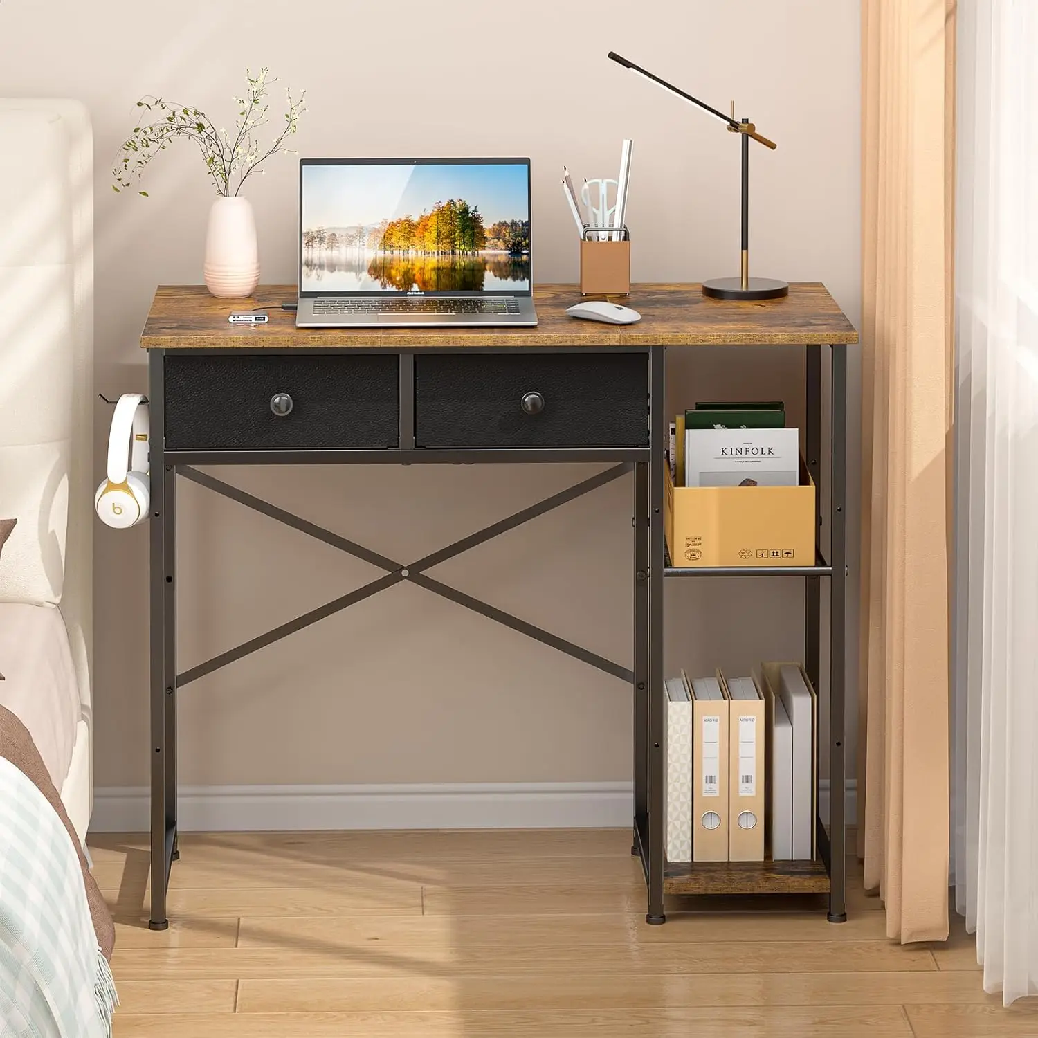 

36-Inch Compact Computer Desk with Drawers & Shelves, Rustic Brown Home Office Writing Table for Small Spaces