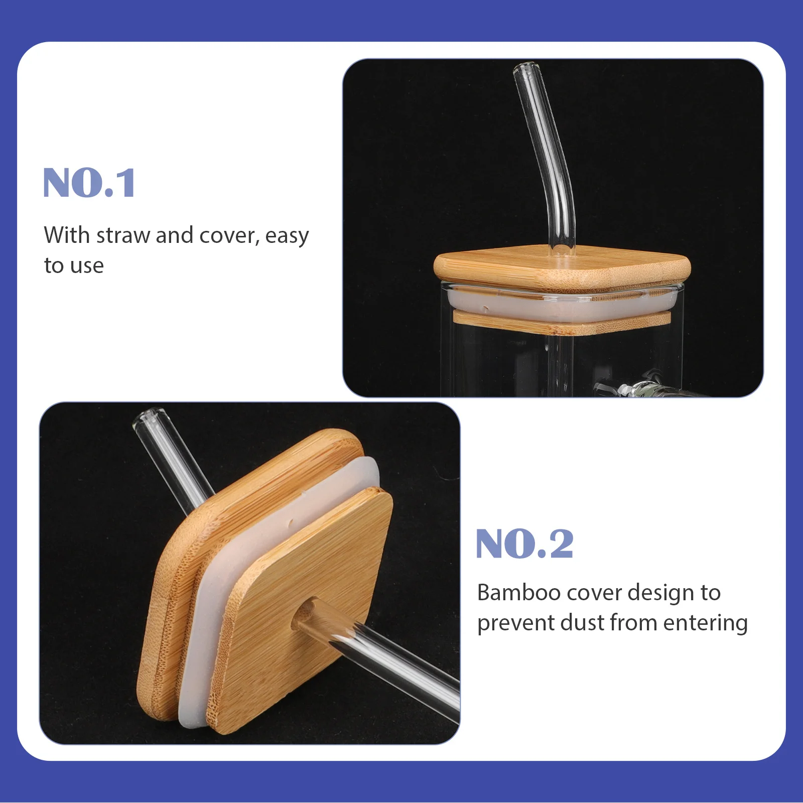

Square Glass Cup Resistant Drinking Glass with Bamboo Lid Straw Transparent Beverage Juice Cup Water Bottles Cute
