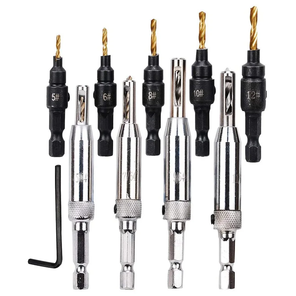 4PCS Self Centering Hinge Drill Bits for Door Cabinet + 5PCS Countersink Drill Bit Set with Free Wrench for Pilot Holes