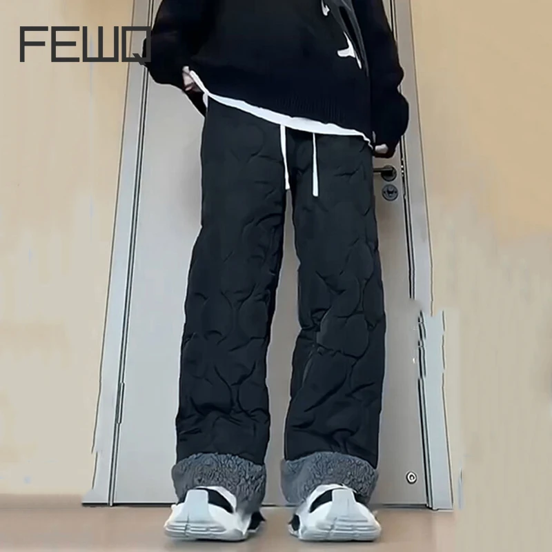 FEWQ Drawstring Solid Color Men's Casual Pants Lamb Wool Straight Thickened Menswear Wide Leg Loose Diamond Male Bottom 21Z8118