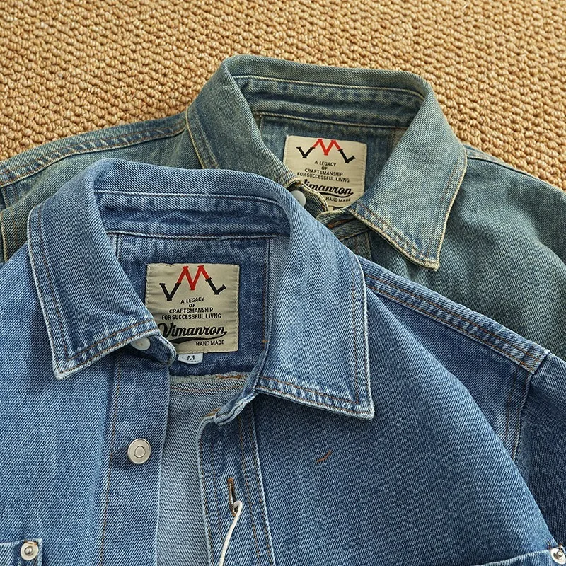 American Casual Men's Long Sleeve Denim Shirt Heavy Washed Vintage Workwear Layering Shirt Jacket Loose Fit Cotton Spring Autumn
