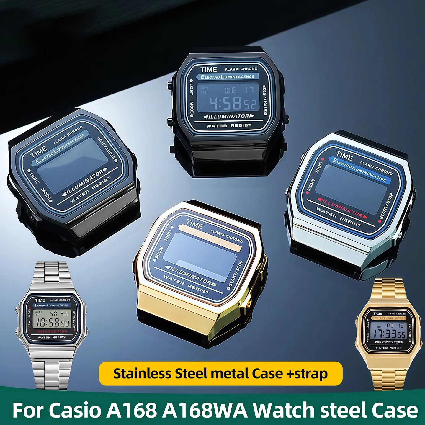 Kit de modificación A168WA, caja de metal de acero inoxidable para Casio A168 A168WA a168, correa con cristal, tornillos de anillo impermeables, accesorios