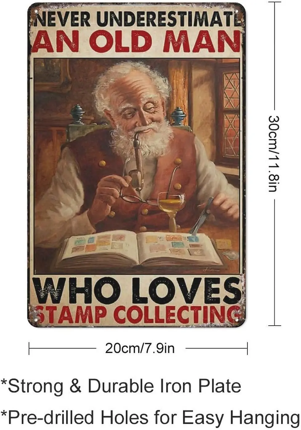 Vintage Tin Sign Stamp Collector - Never Underestimate An Old Man, Who Loves Stamp Collecting Tin Signs For Home Bedroom Wall De