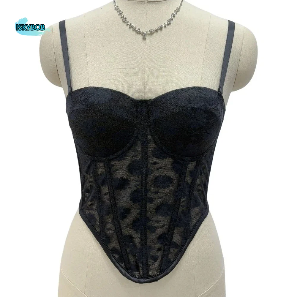 

Fashion with Buckle Lace Camisole with Pads Sleeveless Elegant Lace Corset Mesh Flower Tanks Crop Tops Spring Summer