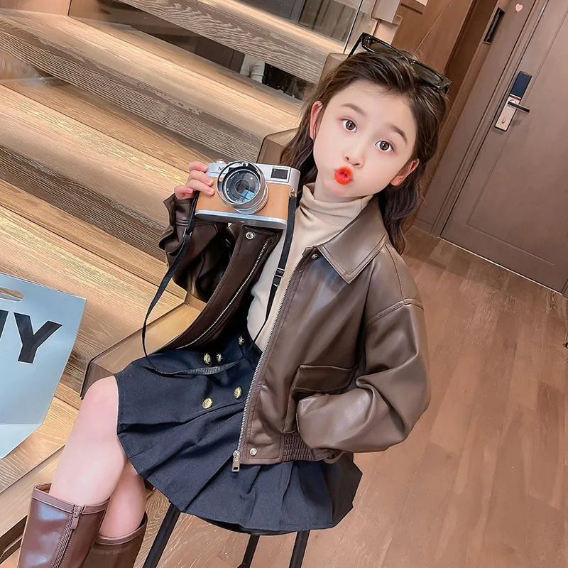 

Girls' Jacket Spring and Autumn New Style Children's Western Casual Coat Baby Fashion Autumn Short Leather Jacket