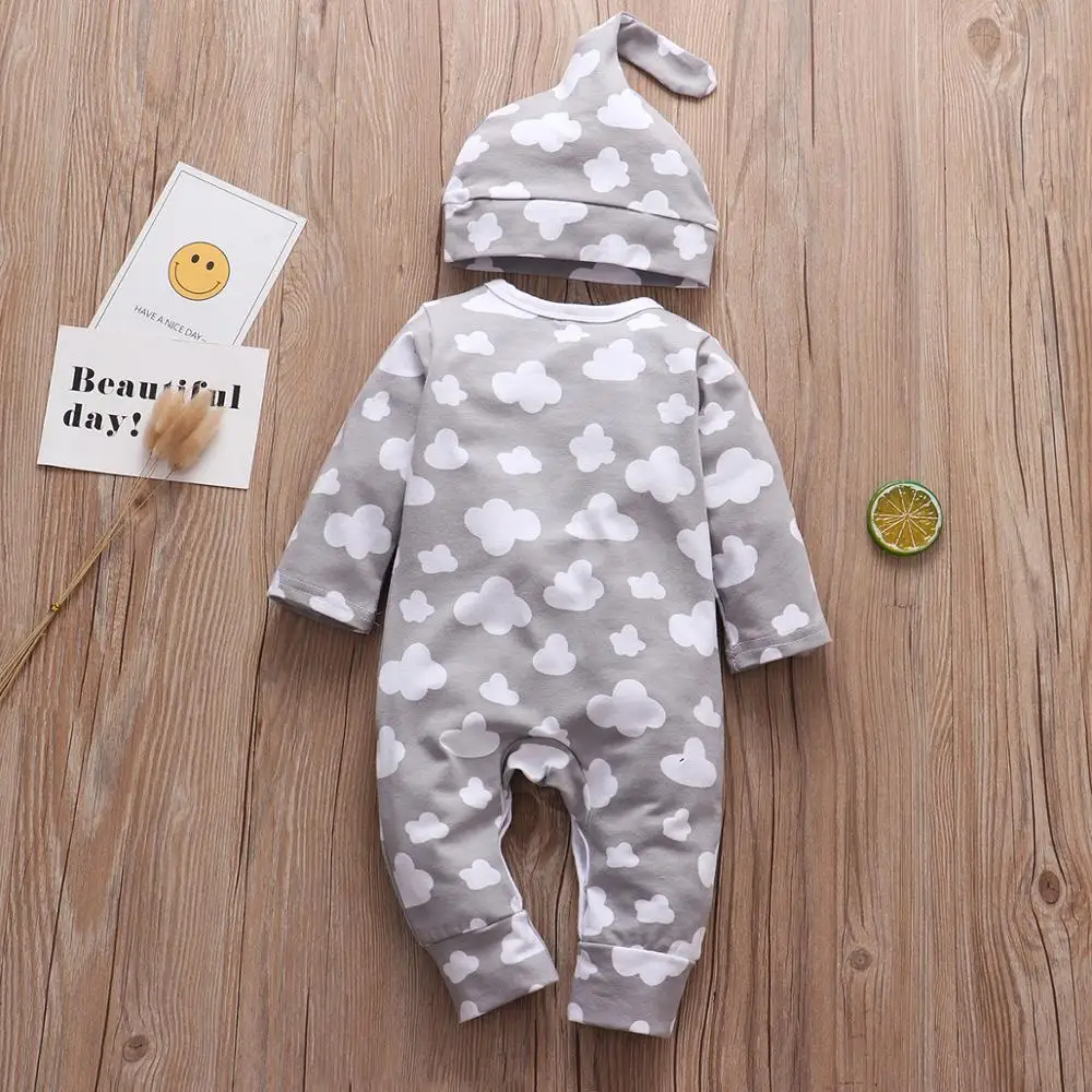 2Pcs Outfits Autumn Baby Boys Casual Cartoon Cute Cloud Gray Long Sleeve Jumpsuit Hat Infant Newborn Clothes Baby Girl Clothing