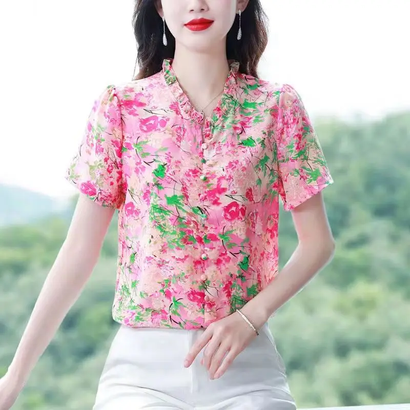 Mode chiffon blouse met V-hals, dames zomer nieuwe stijl losse top met elegante ruches zoom