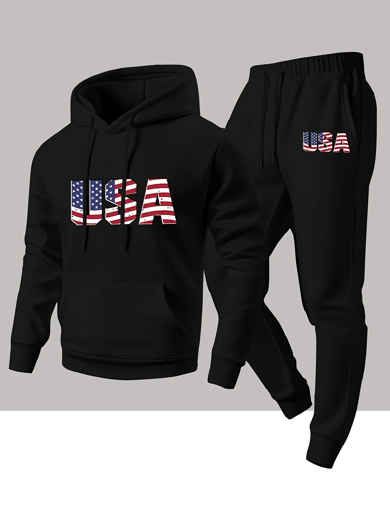 2026 Men 2 Piece Tracksuit USA Flag Letter Print Hoodie + Jogger Pants Set Casual Loose Streetwear Autumn Winter Sportswear Suit