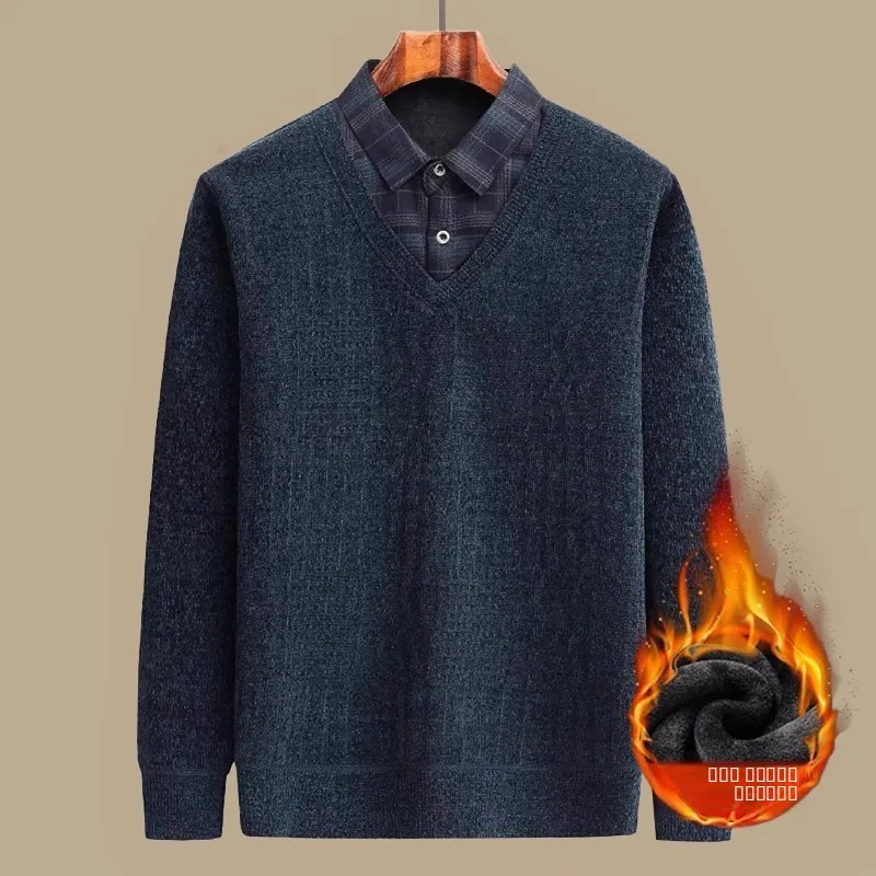 

Thiened Fce, осенне-зимний вязаный свитер, теплая основа, мужской повседневный свитер среднего возраста из полиэфирного волокна, длинный...