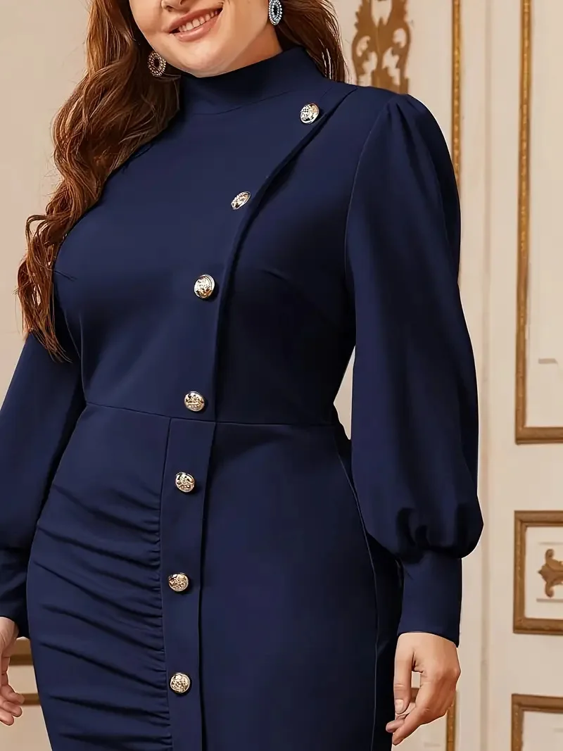 GIBSIE Plus Size Mock Neck Button Detail increspato Bodycon fessura Dress donna autunno manica lunga Office Party eleganti Maxi abiti