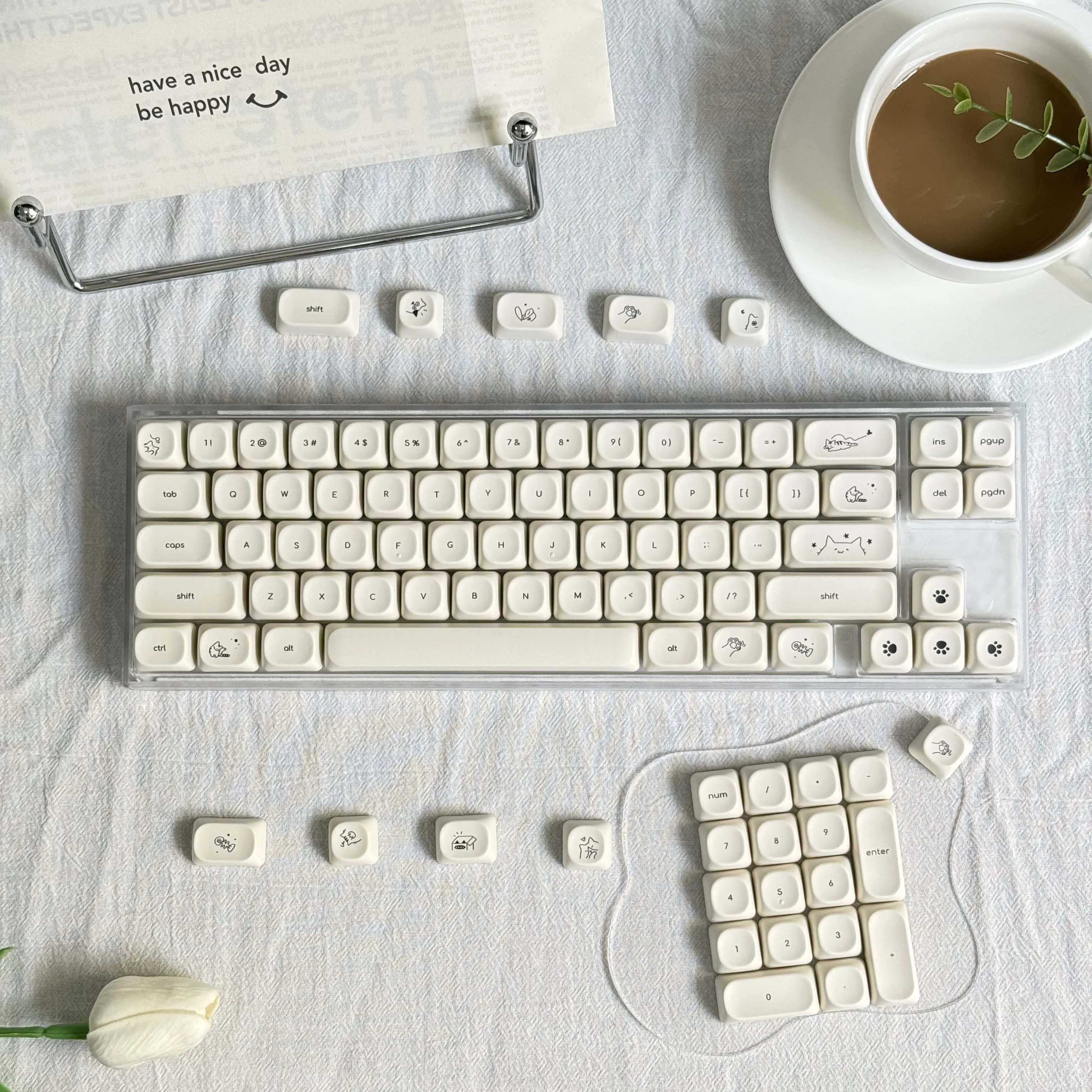 أغطية مفاتيح بسيطة باللون الأبيض الحليبي والوردي MOA 124 مفتاحًا نمط قطة لطيف ممتاز PBT الإنجليزية الكورية Ver للوحة المفاتيح الميكانيكية #3