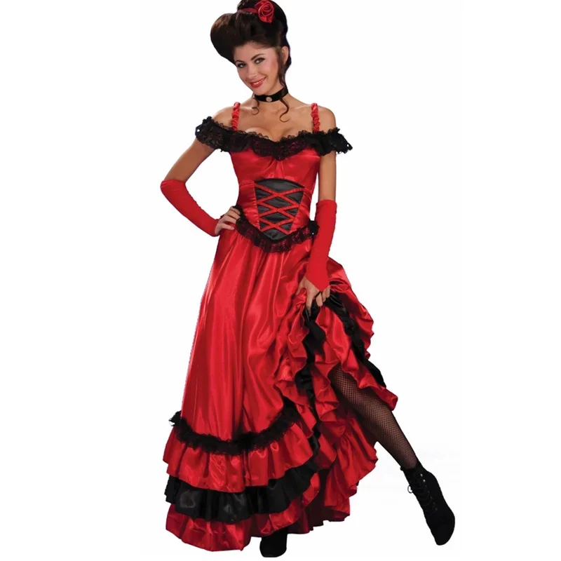 Sexy Spanish Gypsy Red Cancan Lace Dress Women Off Shoulder Party Long Dresses Vestidos Plus Size Western Saloon Girl's Dress