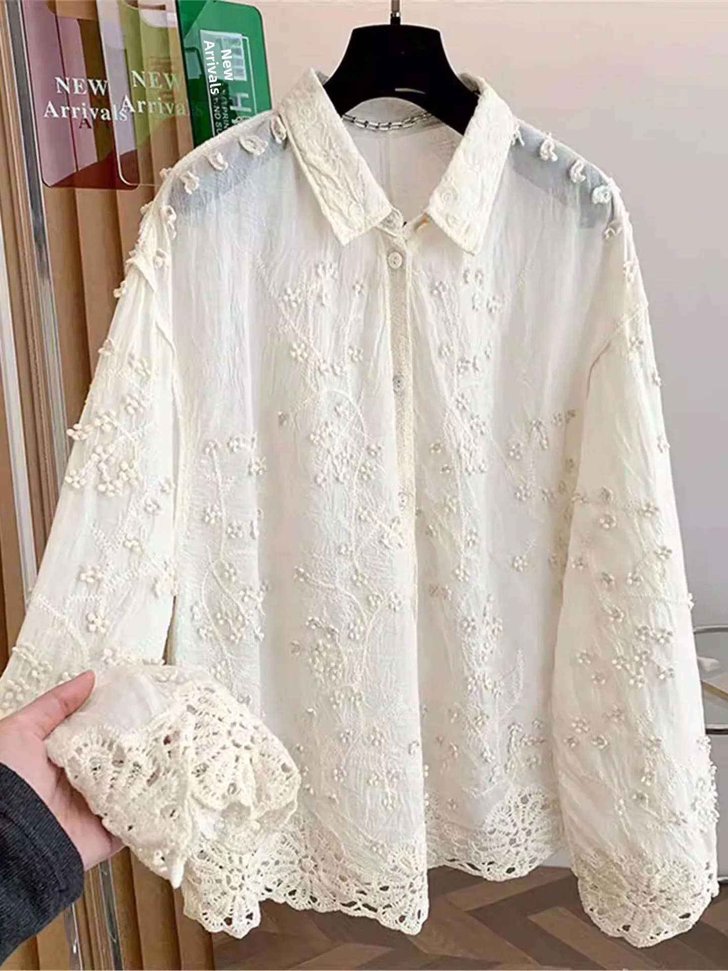 

Embroidered 3D Flower Long Sve irt Women's Spring 2026 Casual Sle plus Size Hollow out Hook Flower Trendy Top