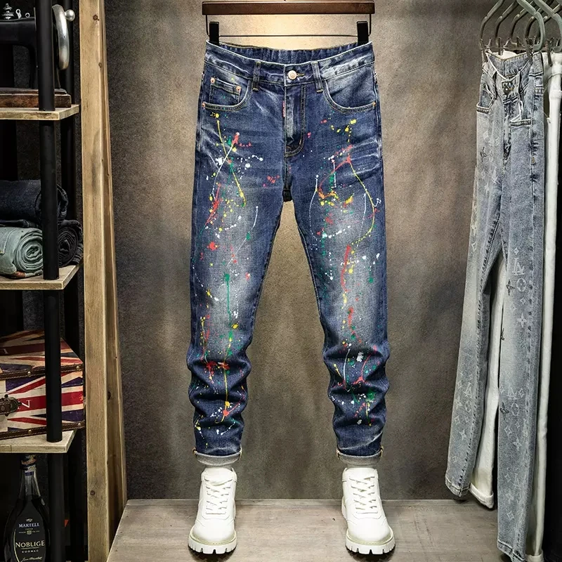 

Street Fashion Men Jeans Retro Blue Stretch Slim Ripped Jeans Men Vintage Trousers Painted Designer Hip Hop Denim Pants Hombre