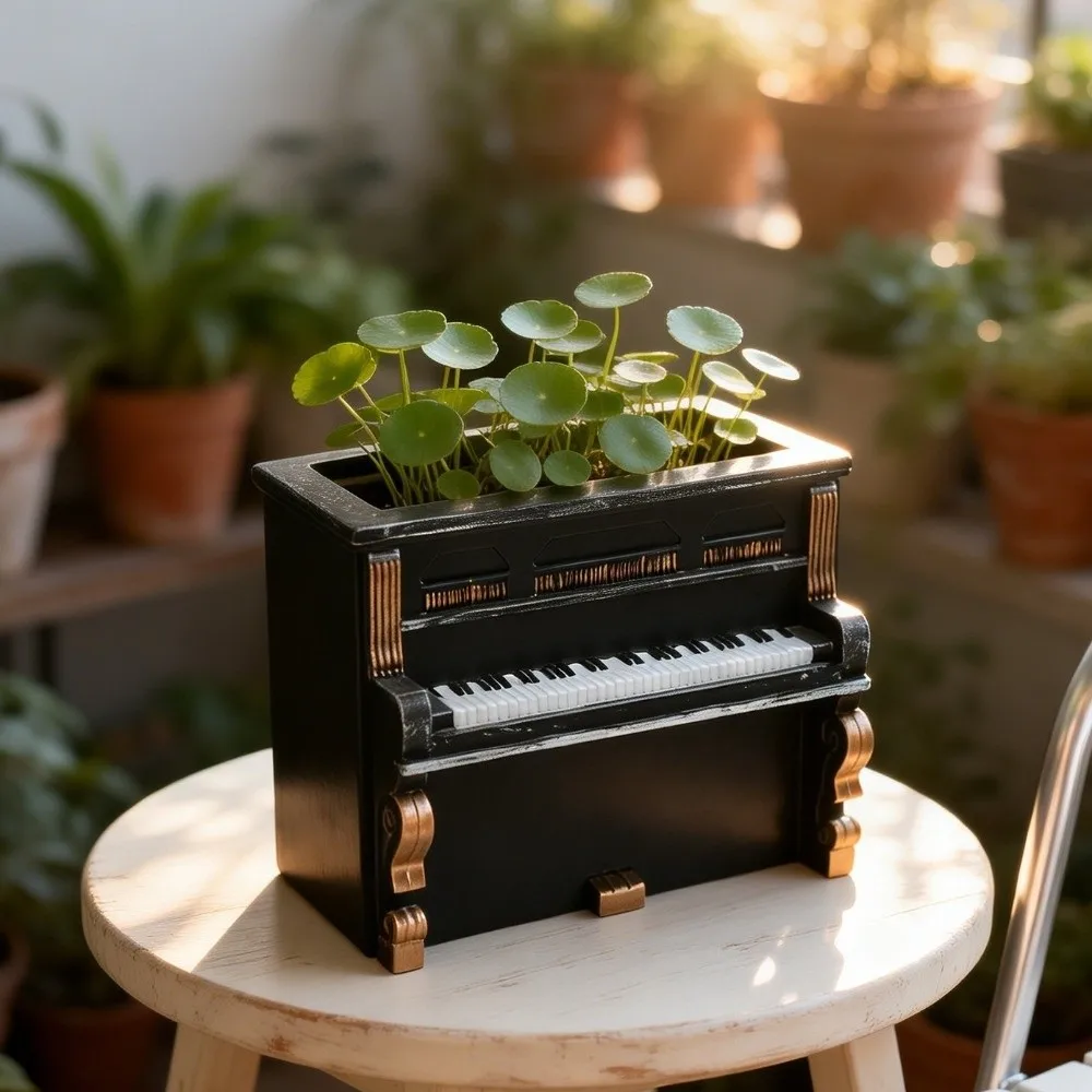 Personality Decor Retro Style Piano Flower Pot Decorative Gold Trim Piano Planter Unique Succulent Pot Indoor Plant Display