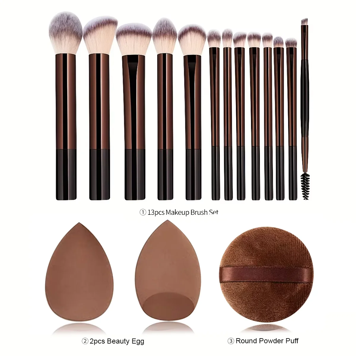 16pcs Professional Makeup Brush Set, Including 13 Makeup Brushes + 2 Beauty Sponges + 1 Round Powder Puff. Foundation Brush