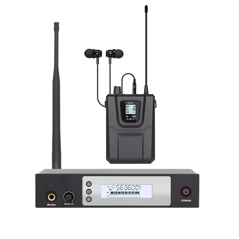 Wireless in-ear monitoring system with 20 selectable frequencies on a single channel, suitable for singers’ stage performances