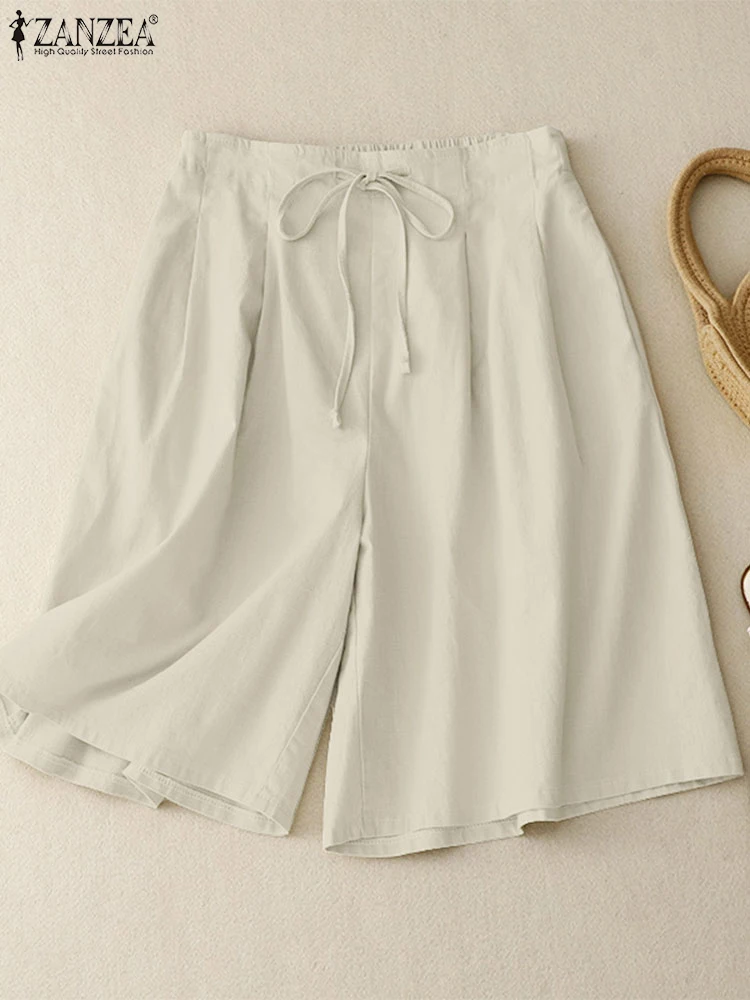 

ZANZEA Women Elastic Waist Wide Leg Pants Summer Shorts 2025 Fashion Casual High Waist Pleated Shorts Solid Short Pantalons