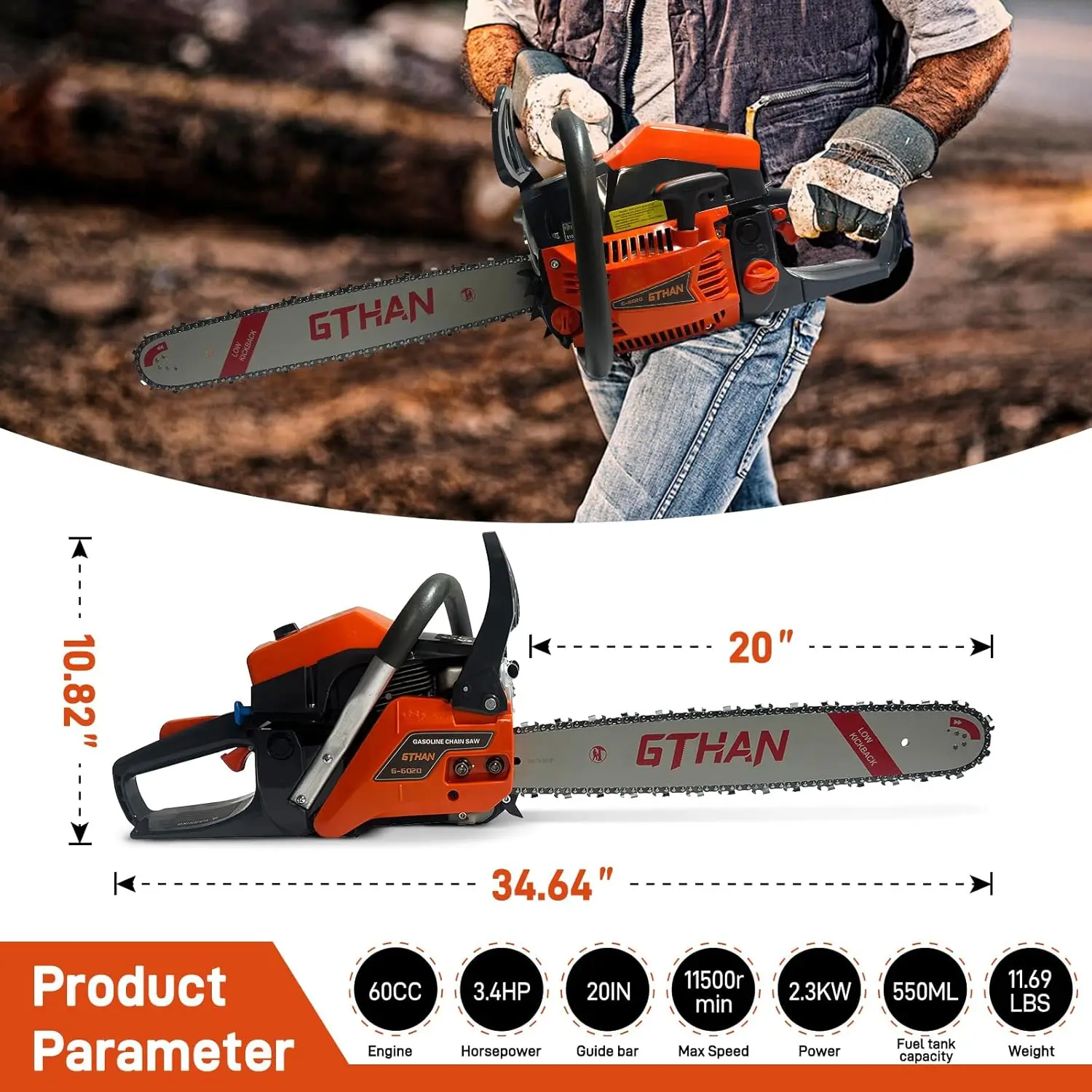 Chain Saw 60Cc Gas Chainsaw 20 Inch Gasoline Powered Chainsaws 2-Cycle Handheld Cordless Petrol Chain Saws For Forest Wood