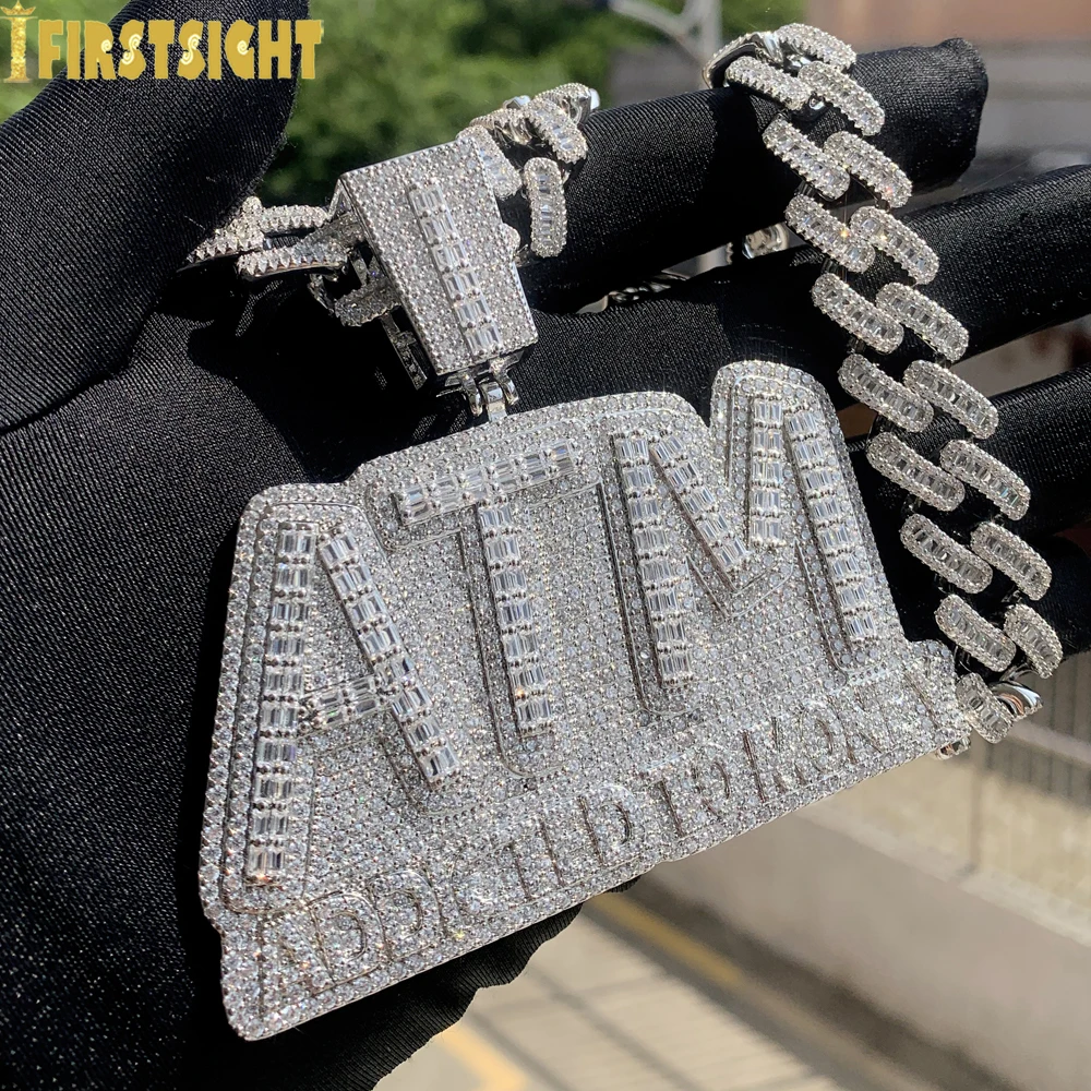 New Iced Out Bling Letters ATM Addicted To Money Pendant Necklaces Silver Color Rectangle CZ Zircon Charm Men's Hip Hop Jewelry